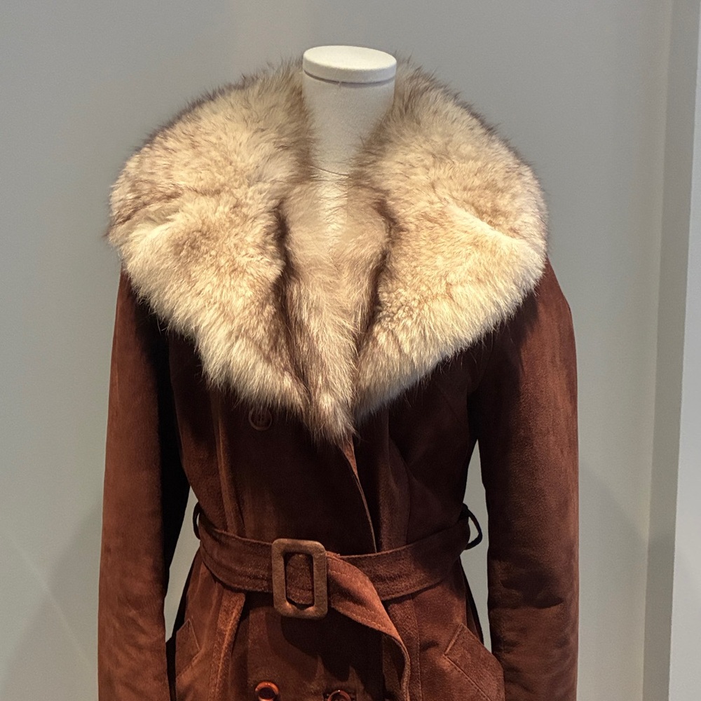 ICONIC true vintage Brown suede and Fur Collar Women's trench - Picture 2 of 9